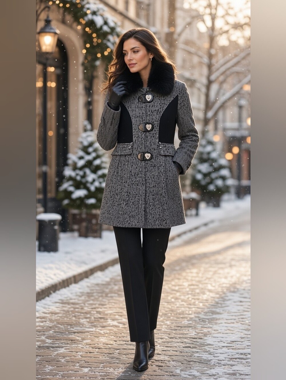 Betsey Johnson Herringbone Wool Blend Dress Coat Removable Faux Fur Collar Sz 2